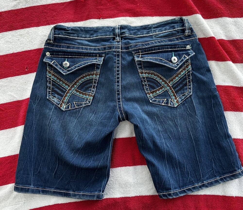 Unionbay Y2K Denim Shorts Size 9 Southwestern Embroidery Green Button Stretch